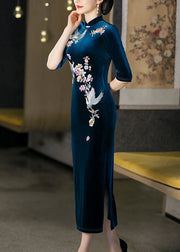 Italian Peacock Blue Stand Collar Embroidered Silk Velour Dresses Half Sleeve