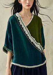 Italian Peacock Green Asymmetrical Patchwork Linen Blouse Top Summer