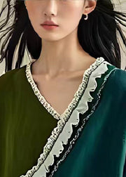 Italian Peacock Green Asymmetrical Patchwork Linen Blouse Top Summer