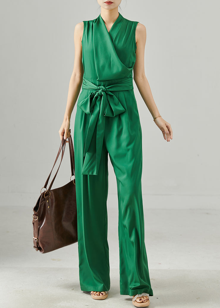 Italian Peacock Green Tie Waist Silm Fit Cotton Jumpsuit Summer