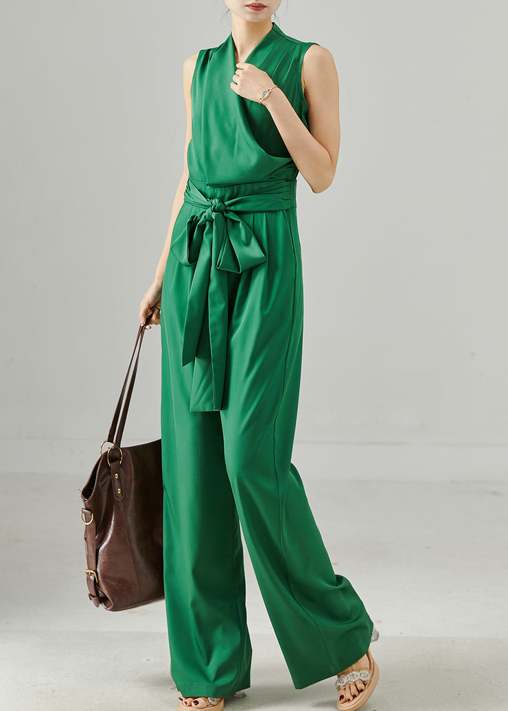 Italian Peacock Green Tie Waist Silm Fit Cotton Jumpsuit Summer