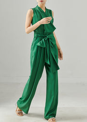 Italian Peacock Green Tie Waist Silm Fit Cotton Jumpsuit Summer