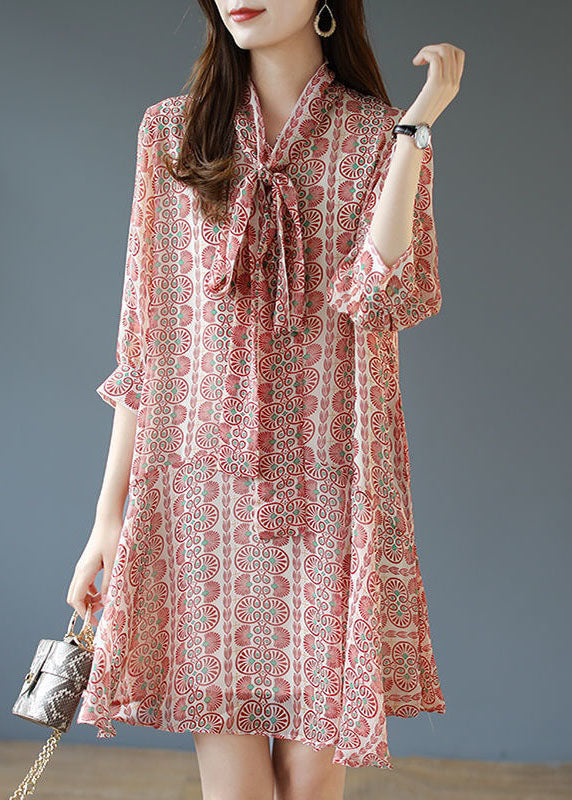 Italian Pink Bow Print Patchwork Chiffon Mid Dress Summer