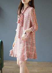 Italian Pink Bow Print Patchwork Chiffon Mid Dress Summer