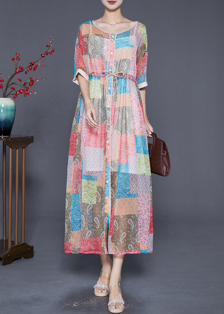 Italian Pink Cinched Print Silk Holiday Dress Summer