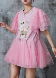 Italian Pink Cute Cat Print Tulle Minin Dress Summer