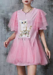 Italian Pink Cute Cat Print Tulle Minin Dress Summer