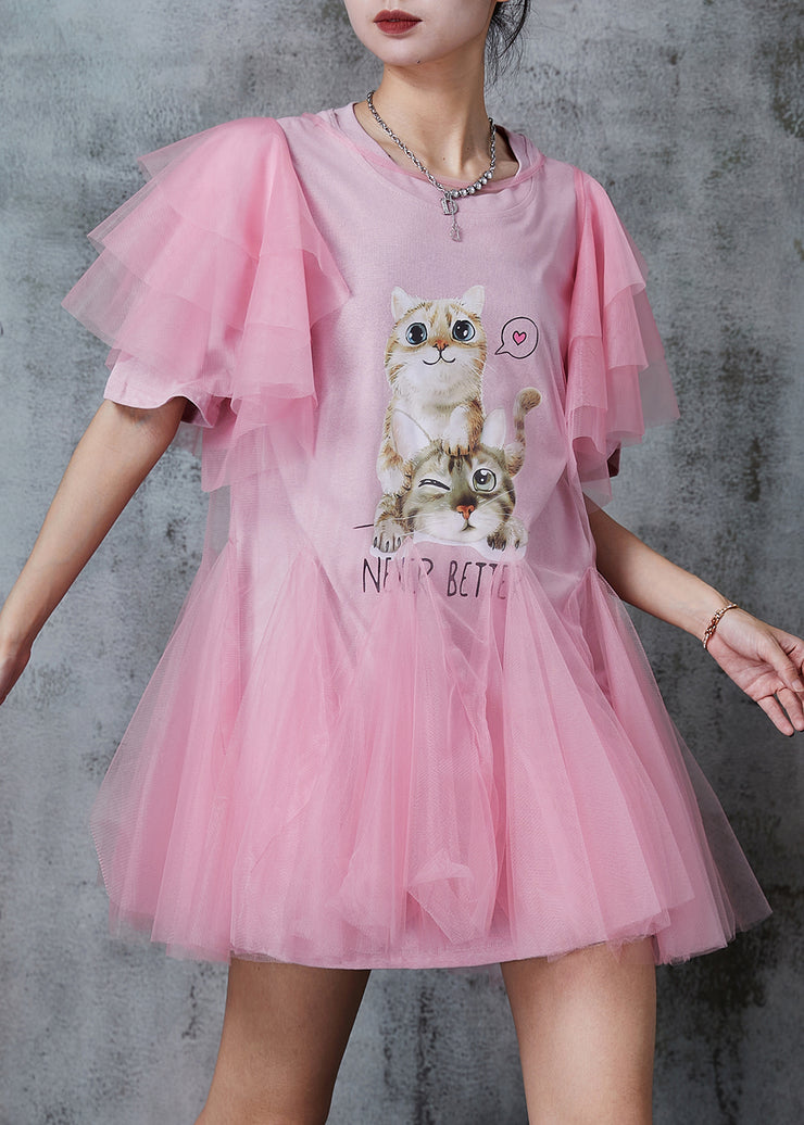 Italian Pink Cute Cat Print Tulle Minin Dress Summer