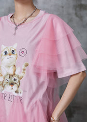 Italian Pink Cute Cat Print Tulle Minin Dress Summer