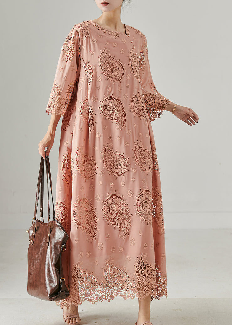 Italian Pink Embroidered Hollow Out Cotton Long Dress Summer