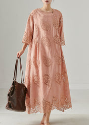 Italian Pink Embroidered Hollow Out Cotton Long Dress Summer