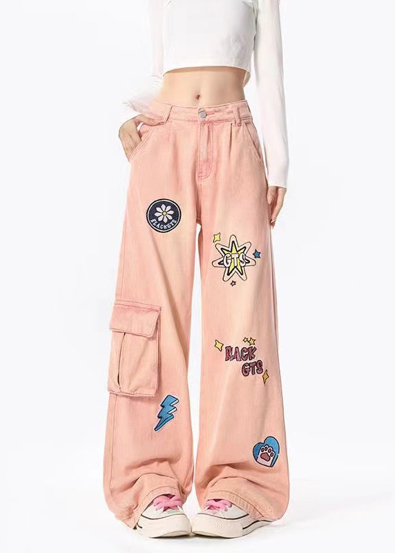 Italian Pink Embroidered Pockets Denim Wide Leg Pants Spring