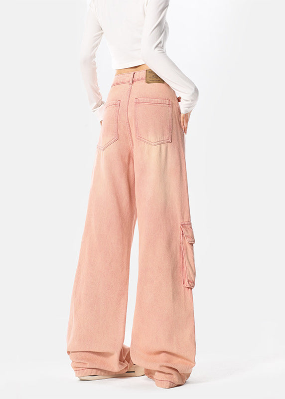 Italian Pink Embroidered Pockets Denim Wide Leg Pants Spring