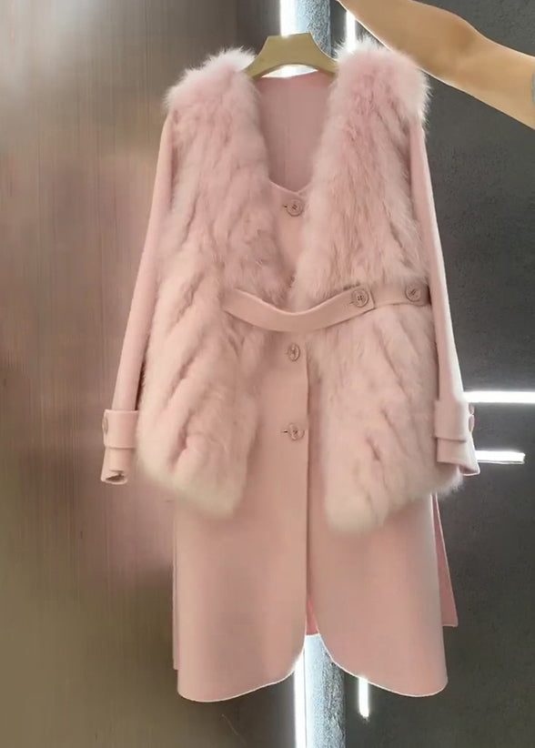 Italian Pink Fuzzy Fur Fluffy Waistcoat And Coat Woolen Sets 2 Pieces Winter