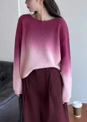 Italian Pink Gradient Color Cozy Knit Sweater O Neck Winter