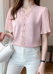 Italian Pink Lace Patchwork Nail Bead Chiffon Shirt Top Summer