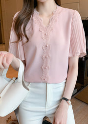 Italian Pink Lace Patchwork Nail Bead Chiffon Shirt Top Summer