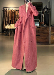 Italian Pink Notched Double Breast Long Woolen Trench Winter