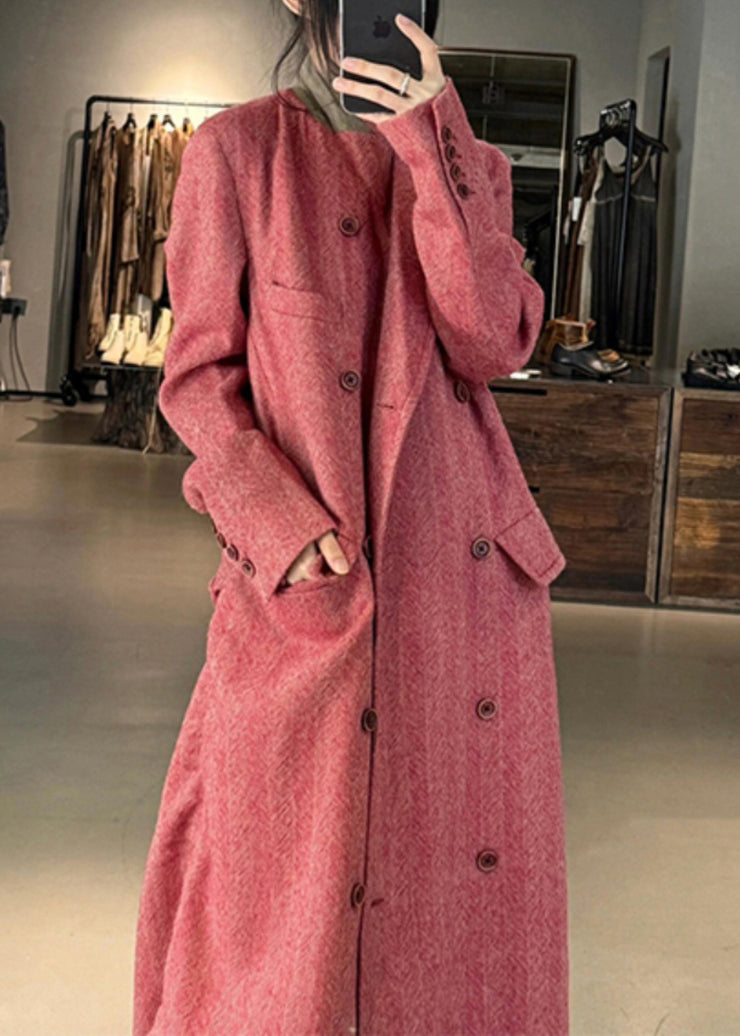 Italian Pink Notched Double Breast Long Woolen Trench Winter