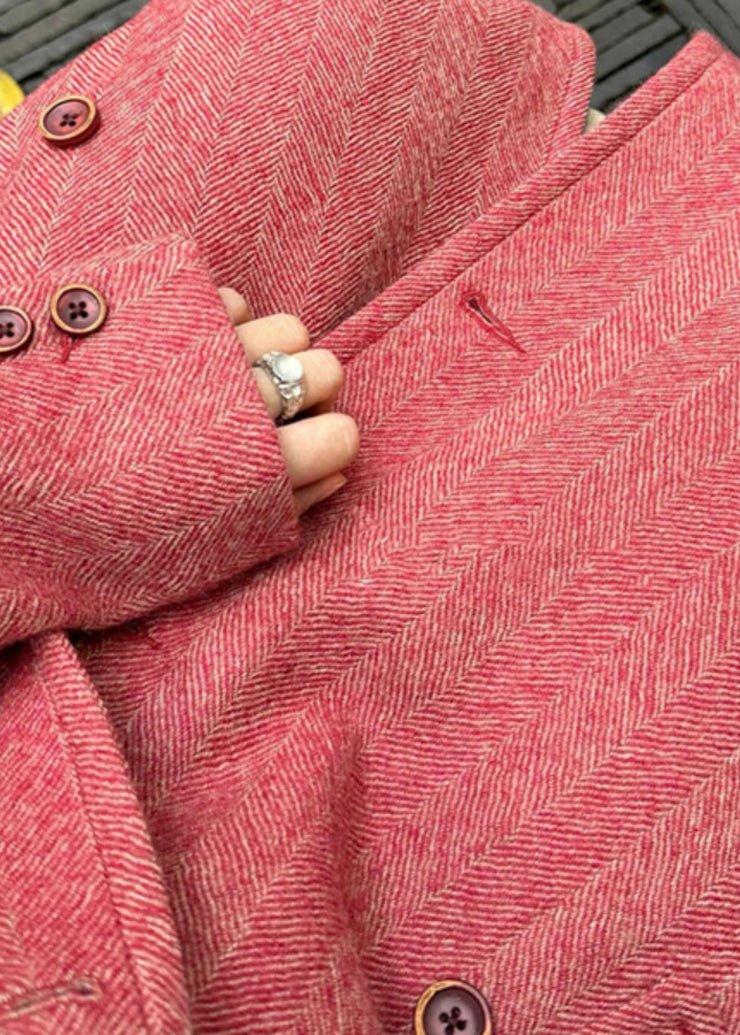 Italian Pink Notched Double Breast Long Woolen Trench Winter