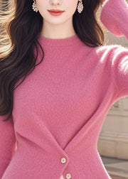 Italian Pink O Neck Button Knit Sweaters Spring