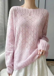 Italian Pink O Neck Hollow Out Cozy Knit Sweaters Spring