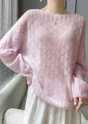 Italian Pink O Neck Hollow Out Cozy Knit Sweaters Spring