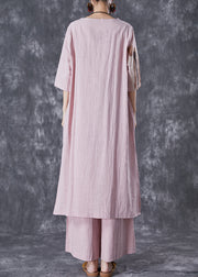 Italian Pink Oversized Print Linen Dress And Pants Women Sets 2 Pieces Summer