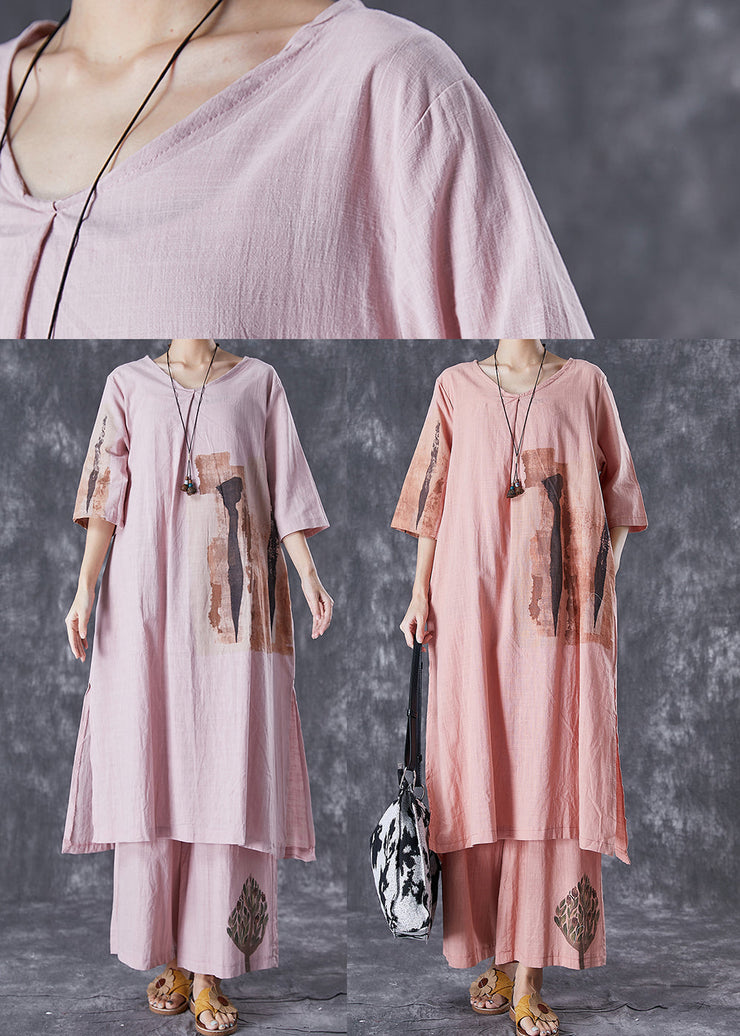 Italian Pink Oversized Print Linen Dress And Pants Women Sets 2 Pieces Summer