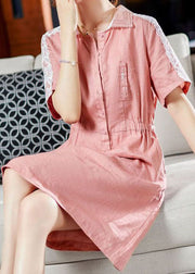 Italian Pink Peter Pan Collar Lace Patchwork Cotton Mid Dress Summer