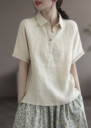 Italian Pink Peter Pan Collar Patchwork Button Solid Linen Top Short Sleeve