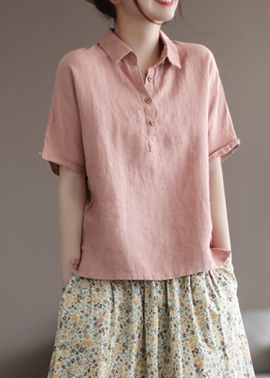 Italian Pink Peter Pan Collar Patchwork Button Solid Linen Top Short Sleeve