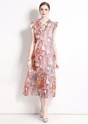 Italian Pink Print Ruffled Lace Up Patchwork Chiffon Long Dresses Summer