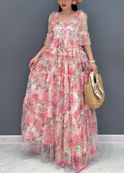Italian Pink Ruffled Print Chiffon Long Dresses Half Sleeve