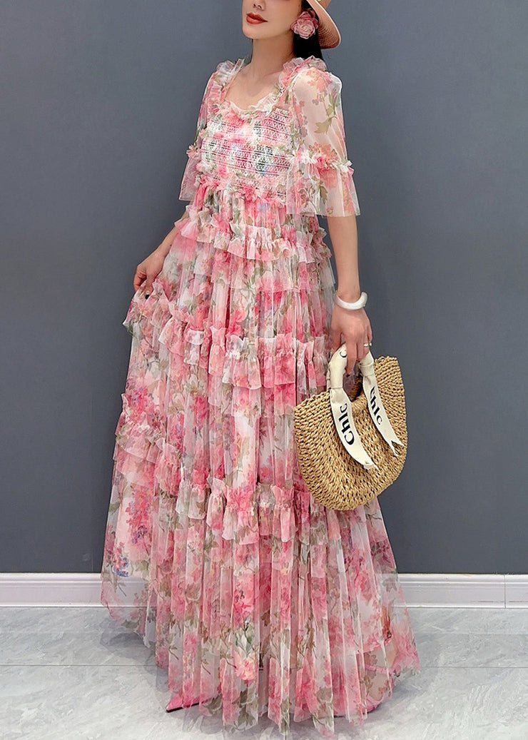 Italian Pink Ruffled Print Chiffon Long Dresses Half Sleeve