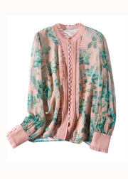 Italian Pink Ruffled Print Patchwork Silk Shirts Spring