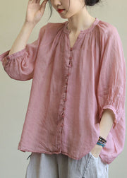 Italian Pink V Neck Button Loose Fall Half Sleeve Blouse Top