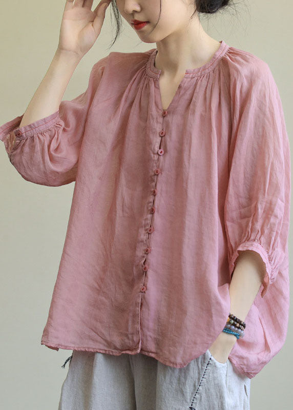 Italian Pink-purple flower V Neck Button Loose Fall Half Sleeve Blouse Top