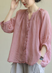 Italian Pink-rose flower V Neck Button Loose Fall Half Sleeve Blouse Top