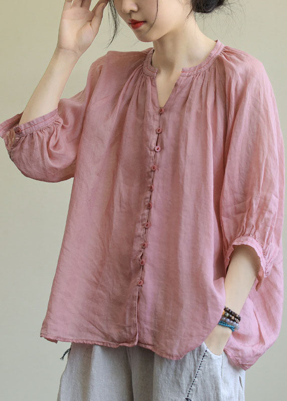 Italian Pink-rose flower V Neck Button Loose Fall Half Sleeve Blouse Top
