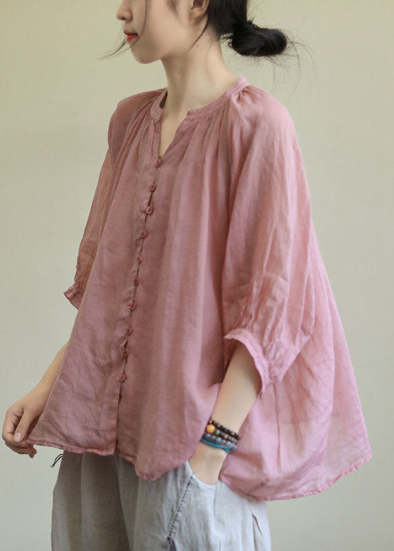 Italian Pink V Neck Button Loose Fall Half Sleeve Blouse Top