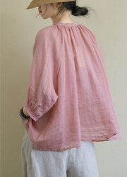 Italian Pink V Neck Button Loose Fall Half Sleeve Blouse Top