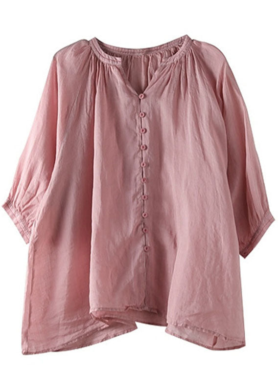 Italian Pink-orange flower V Neck Button Loose Fall Half Sleeve Blouse Top