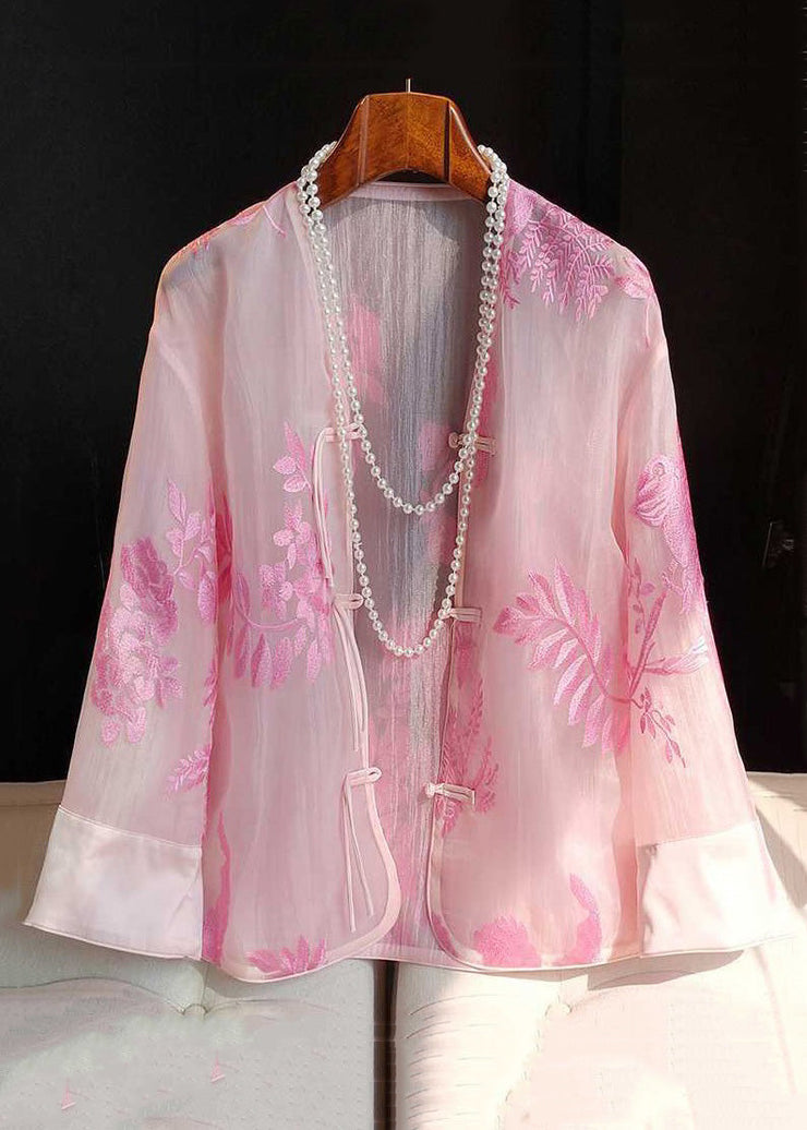 Italian Pink V Neck Embroidered Button Tulle Shirt Spring