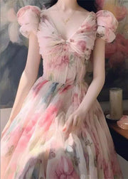 Italian Pink V Neck Print Chiffon Long Dresses Summer