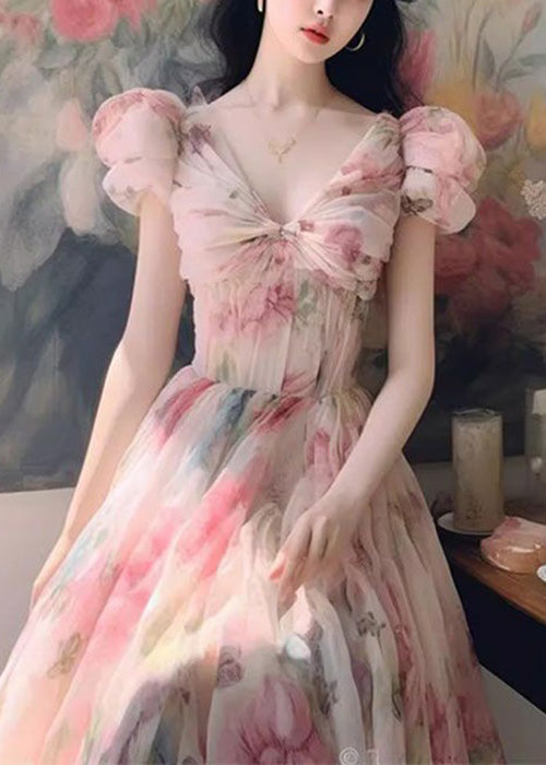 Italian Pink V Neck Print Chiffon Long Dresses Summer