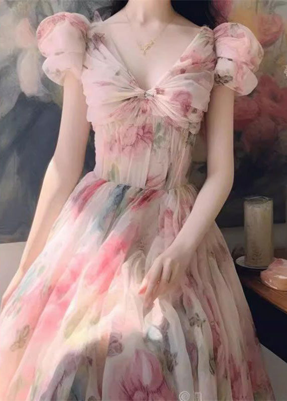 Italian Pink V Neck Print Chiffon Long Dresses Summer