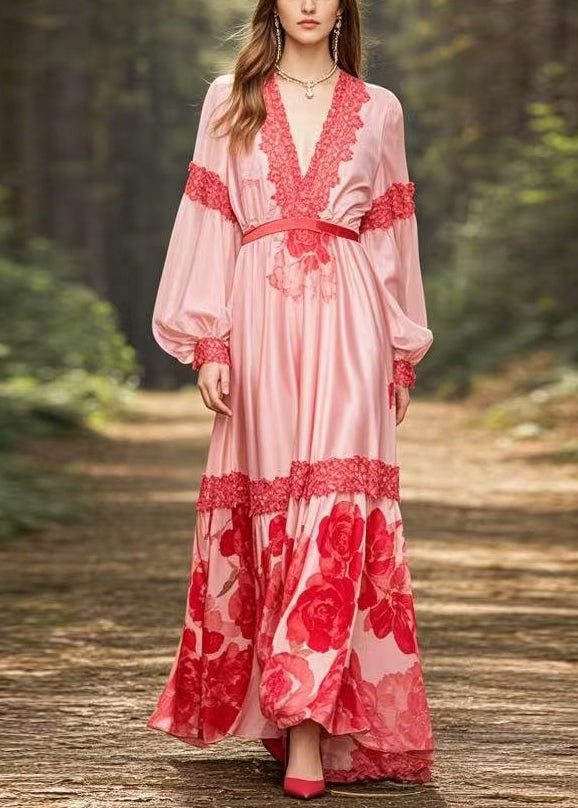 Italian Pink V Neck Print High Waist Silk Maxi Dress Spring