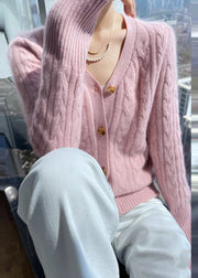 Italian Pink V Neck Solid Cable Wool Knit Cardigans Fall