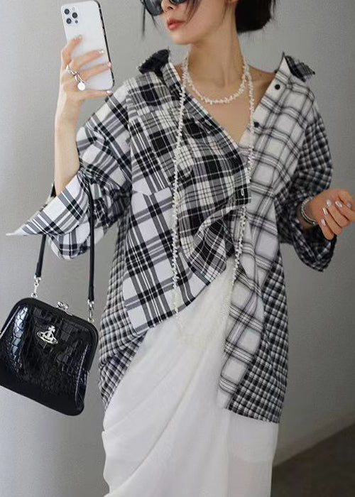 Italian Plaid Peter Pan Collar Button Cotton Shirts Long Sleeve